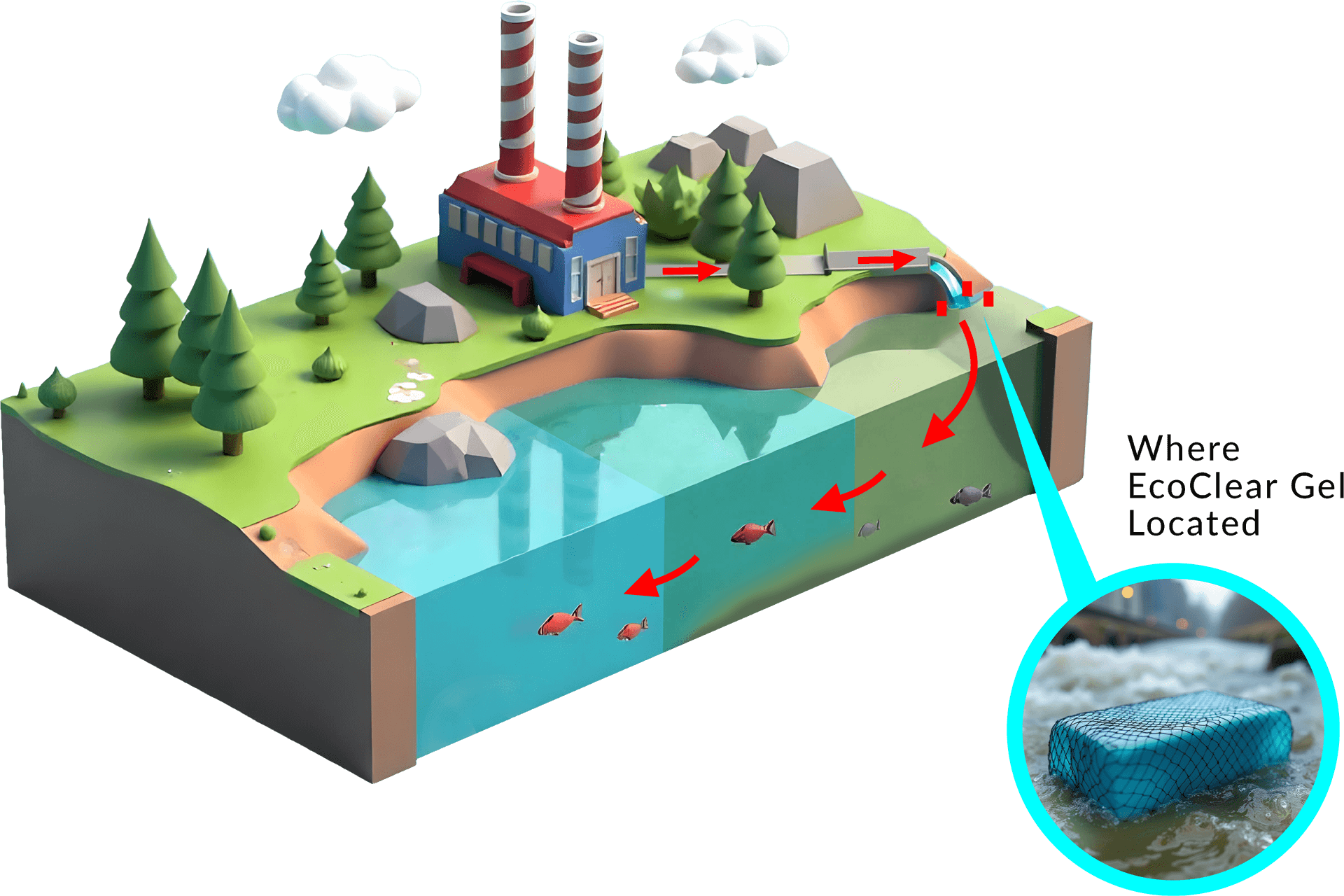 EcoClear gel block purifying flowing water using eco-friendly polymer technology